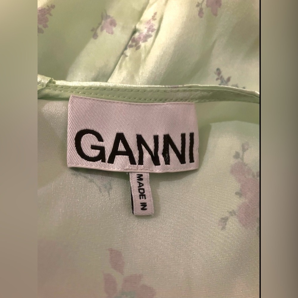 GANNI Mint Green Silk Floral Maxi T Shirt Dress Adjustable Leg Slit Zipper Sz. 6 - Picture 9 of 12